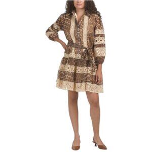 DALIA MACPHEE Long Sleeve Animal Print Lace Trim Mini Dress